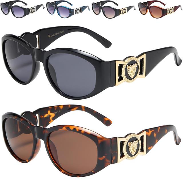 Women's Wrap Around Sunglasses Black Oval Frame With Medallion Cheetah Accents Tortoise Brown/Gold/Brown Lens