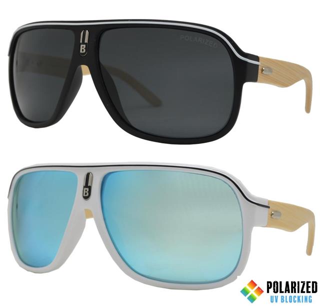 Polarized Retro Aviator Flat Top Bamboo Sunglasses For Men's or Women's Black/White Stripe/Wood/Smoke Lens