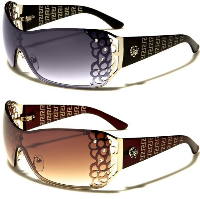 Diamante Large Semi Rimless Retro Wrap Around Sunglasses For Women Brown/Gold/Brown Lens