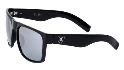 Mens High Quality Flat Top Classic Retro Sunglasses with Super Dark Lens or Silver Mirror Khan 41A6BE2D-21AC-4CA6-898F-94401A53DD93 Matt Black Silver Logo Silver Lens {{ color }}