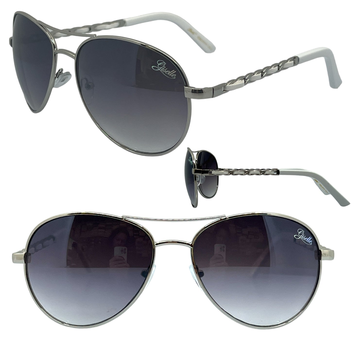 Designer Giselle Women's Pilot Sunglasses with Chain temples Giselle 8GSL28009-womens-giselle-aviator-sunglasses_1 SILVER & WHITE