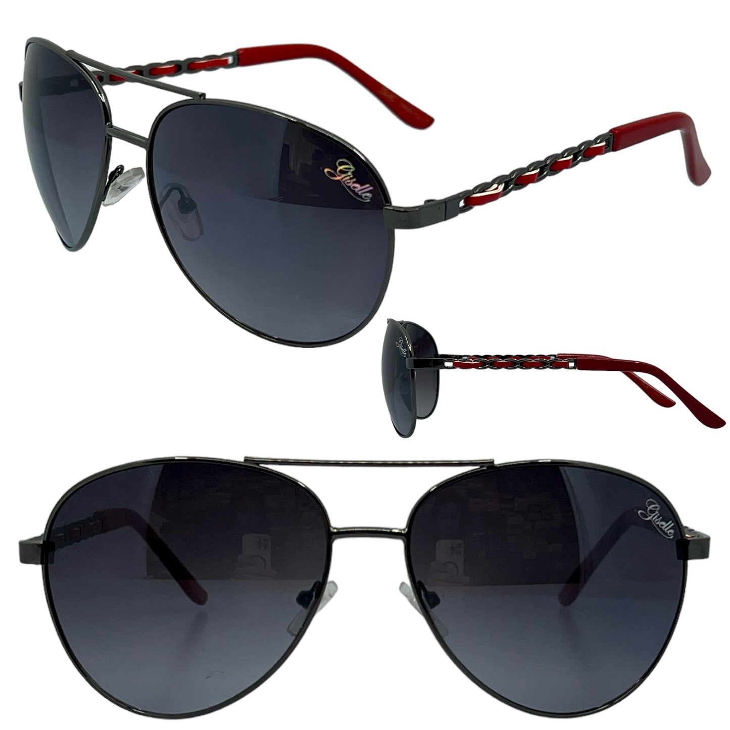 Designer Giselle Women's Pilot Sunglasses with Chain temples Giselle 8GSL28009-womens-giselle-aviator-sunglasses_6 GUNMETAL & RED