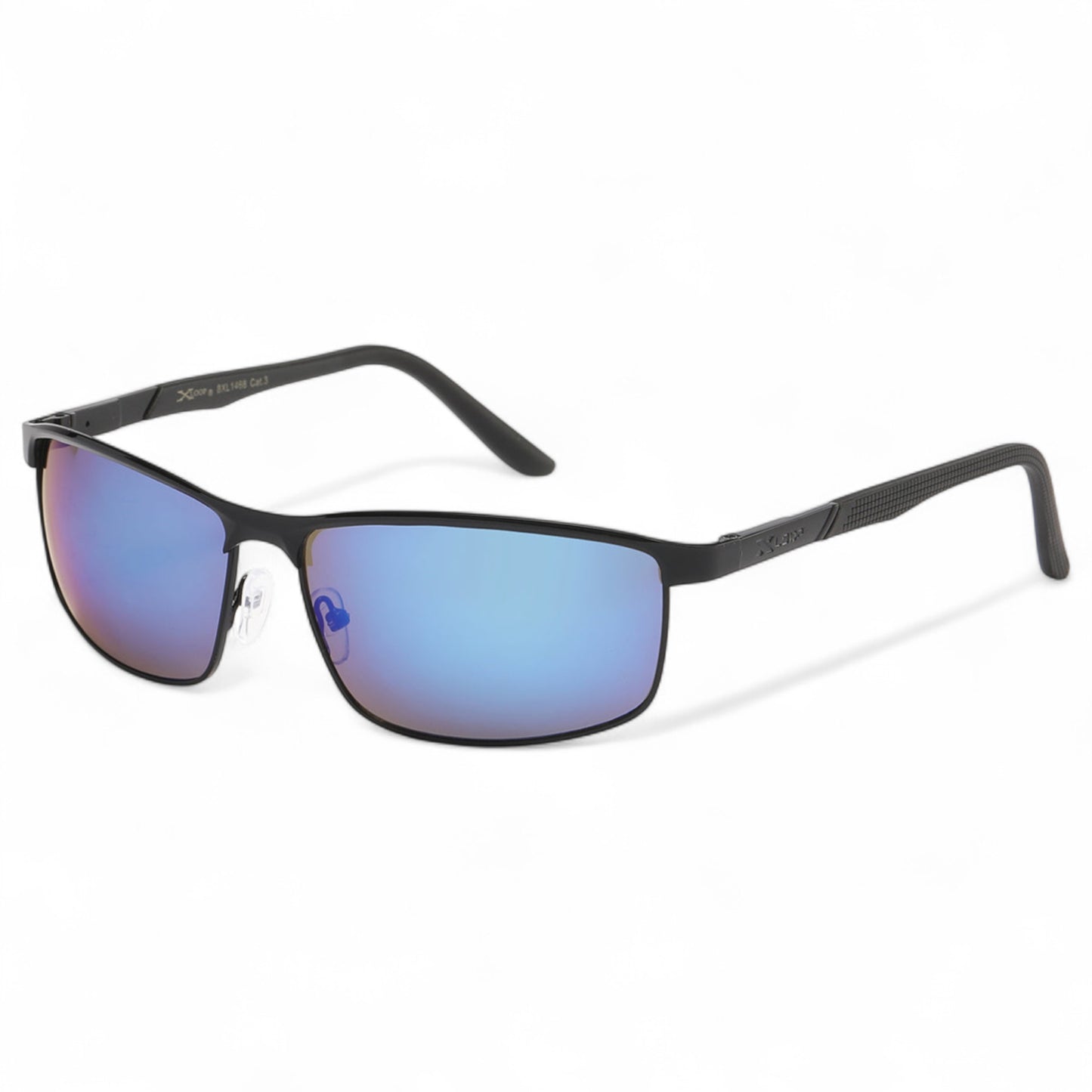 Men's Wrap around sports Xloop Mirrored Sunglasses X-Loop 8XL1468_XLOOP-METAL-SPORT-WRAP-SUNGLASSES_5 Black Black Blue Mirror Lens {{ color }}