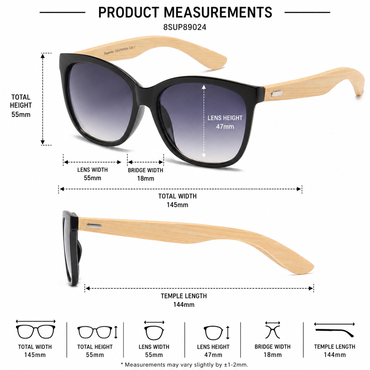Superior Bamboo Temple Sunglasses Square UV Protection Shades Superior IMG-0582 {{ color }}