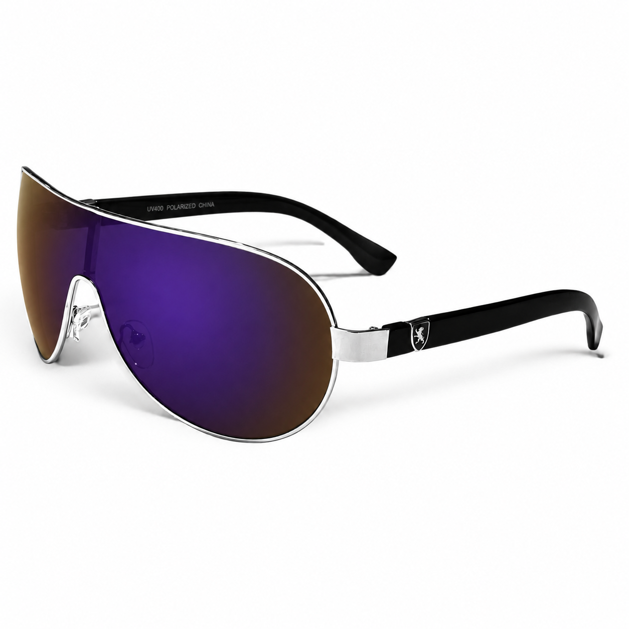 Mens Khan Wrap Around One Piece Mirror Lens Shield Pilot Sunglasses Khan IMG-0743 Silver Black Blue Mirror {{ color }}