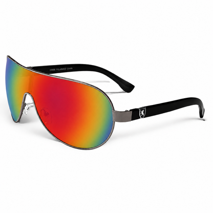 Mens Khan Wrap Around One Piece Mirror Lens Shield Pilot Sunglasses Khan IMG-0744 Gunmetal Black Multi Colour Mirror {{ color }}