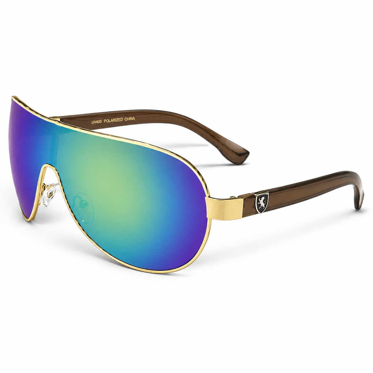 Mens Khan Wrap Around One Piece Mirror Lens Shield Pilot Sunglasses Khan IMG-0747 Gold Brown Multi Colour Mirror {{ color }}