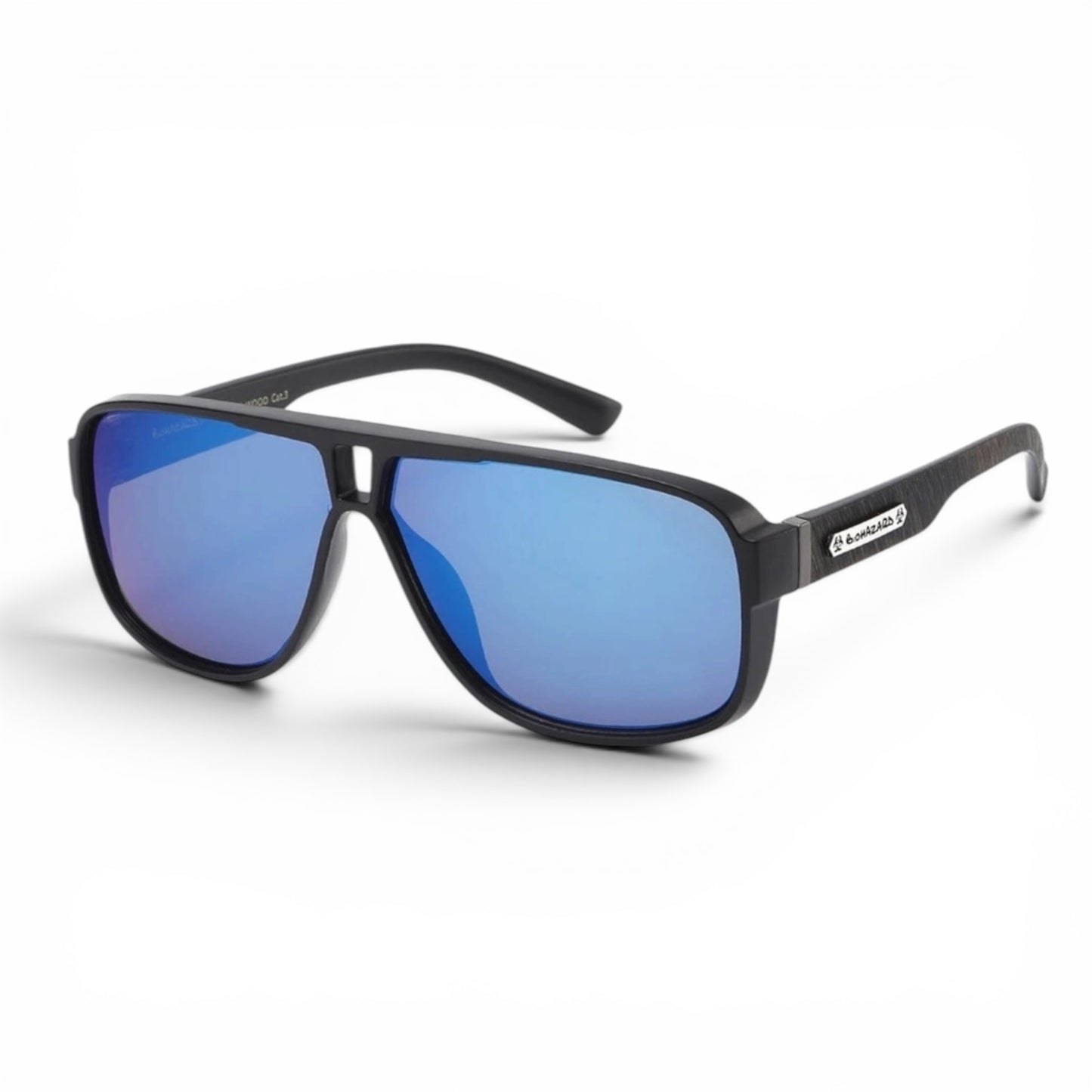 Biohazard Wood Effect Pilot Shield Style Sunglasses – Retro Oversized UV400 Fashion Eyewear Biohazard IMG-0786 Black Brown Wood Blue Mirror Lens {{ color }}