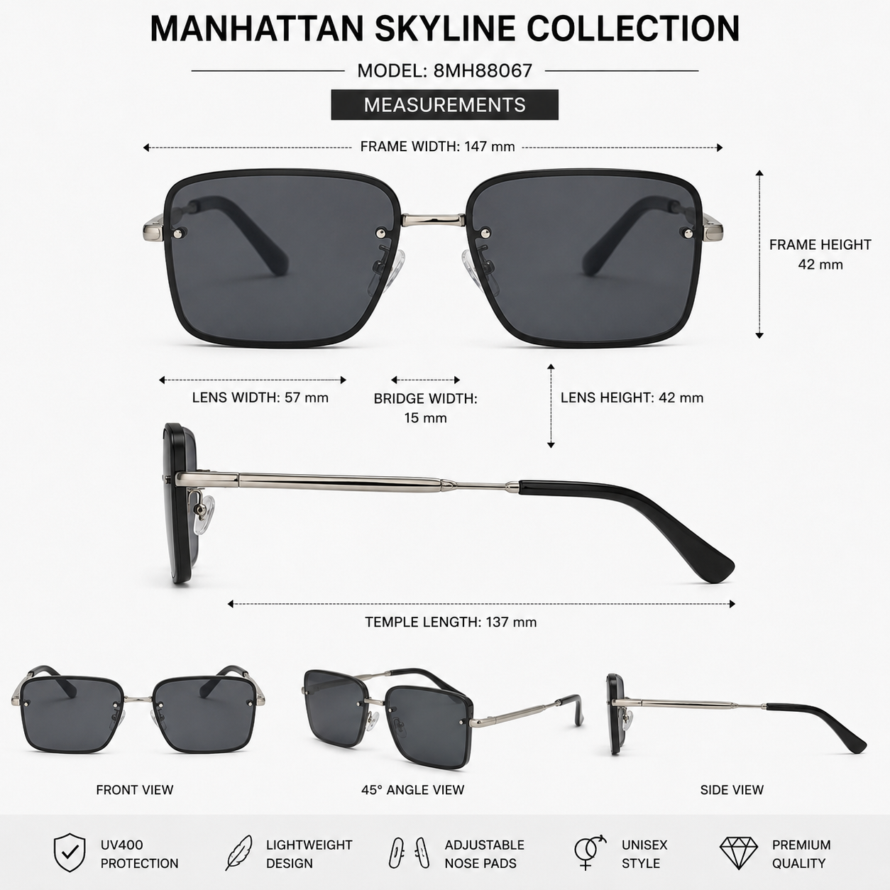 Men's Retro Semi-Rimless Narrow Pilot Sunglasses | Manhattan Skyline collection Manhattan IMG-0810 {{ color }}