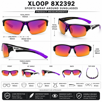 XLoop Sports Wrap Around Sunglasses UV400 Semi-Rimless Lightweight Unisex