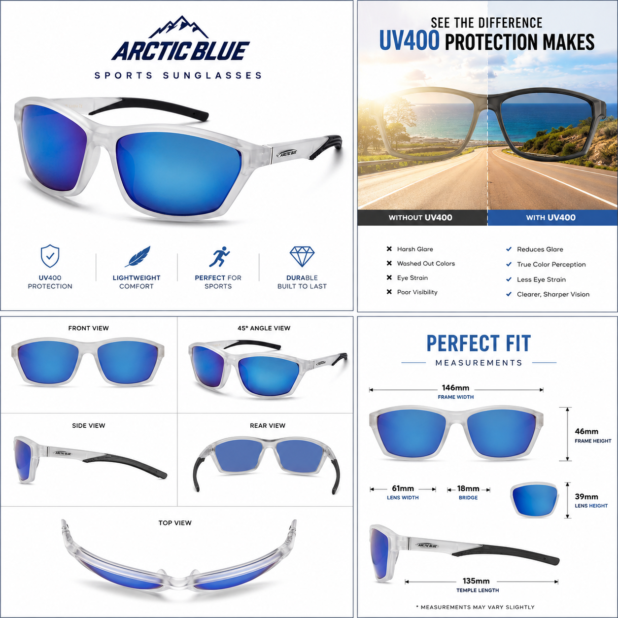 Arctic Blue Sports Sunglasses UV400 Protection Blue Mirror Lens Lightweight Outdoor Eyewear