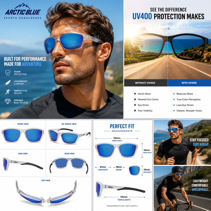 Arctic Blue Sports Sunglasses UV400 Protection Blue Mirror Lens Lightweight Outdoor Eyewear