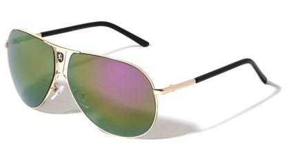 Flat Top Turbo Large Shield Mirror Pilot Khan Sunglasses for Men Khan KN-1086-CM-khan-colo-mirror-metal-aviators-sunglasses-04 Black Gold Purple Mirror Lens {{ color }}