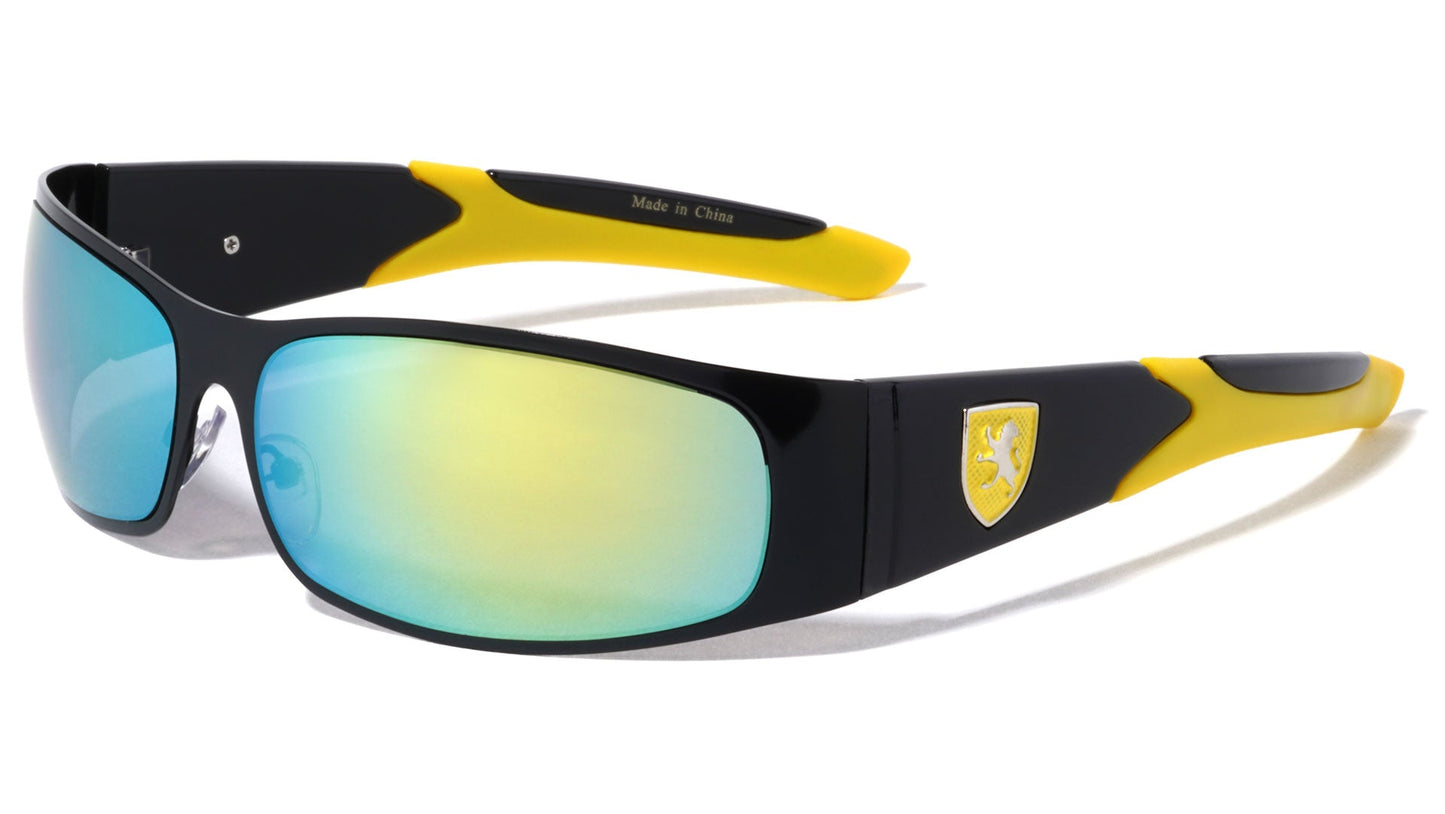 Designer Khan Sports Wrap Around Mirrored Sunglasses for Men Black/Yellow/Yellow & Blue Mirror Lens Khan KN-M3727-CM-khan-metal-color-mirror-rubber-temple-ears-sports-sunglasses-03