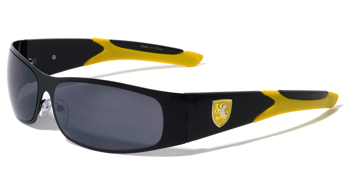 Mens Wrap around sunglasses khan Retro Sports Shades Black/Black & Yellow/Smoke Lens Khan KN-M3727-khan-metal-rubber-temple-sports-sunglasses-04