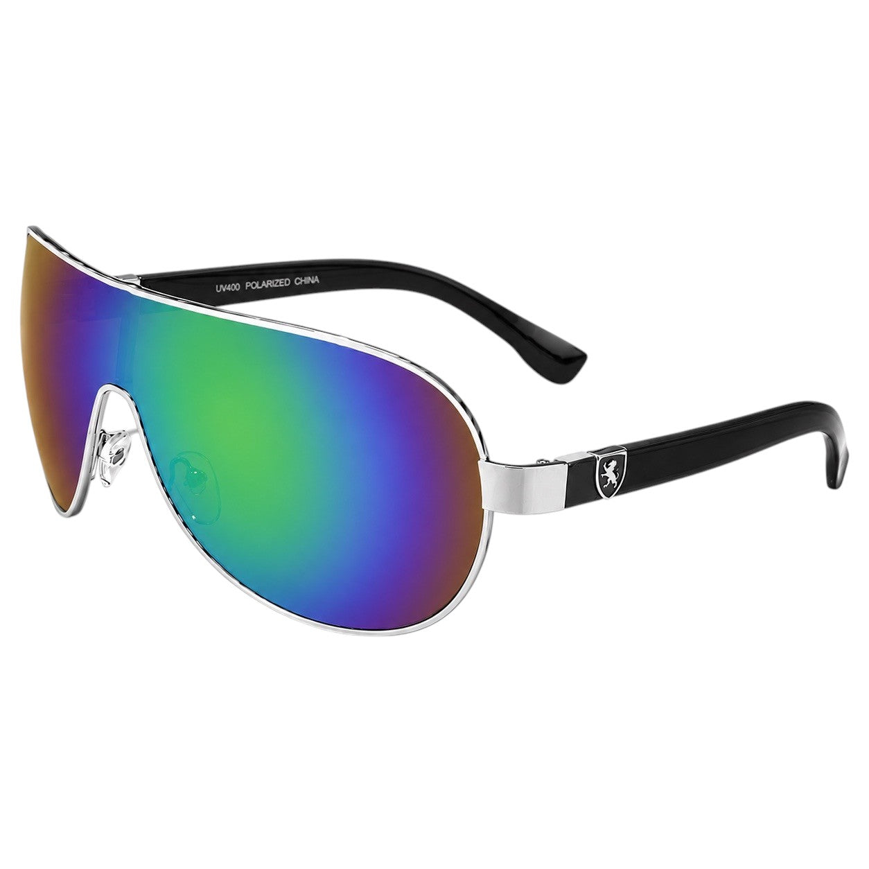 Mens Khan Wrap Around One Piece Mirror Lens Shield Pilot Sunglasses Khan KN1087CMA Silver Black Green Blue Mirror {{ color }}