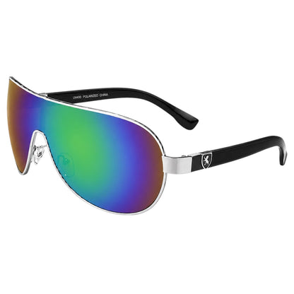 Mens Khan Wrap Around One Piece Mirror Lens Shield Pilot Sunglasses Khan KN1087CMA Silver Black Green Blue Mirror {{ color }}