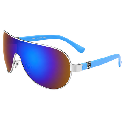 Mens Khan Wrap Around One Piece Mirror Lens Shield Pilot Sunglasses Khan KN1087CMC Silver Blue Blue Mirror {{ color }}