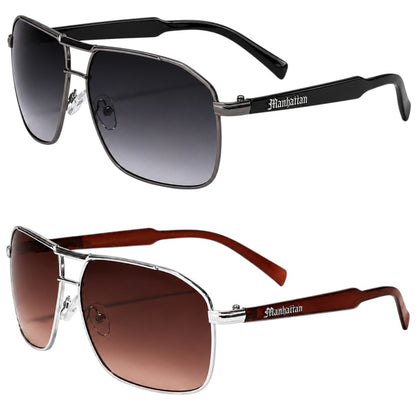 Men's Retro Metal Square Pilot Sunglasses Small Black Brown with Brow Bar
