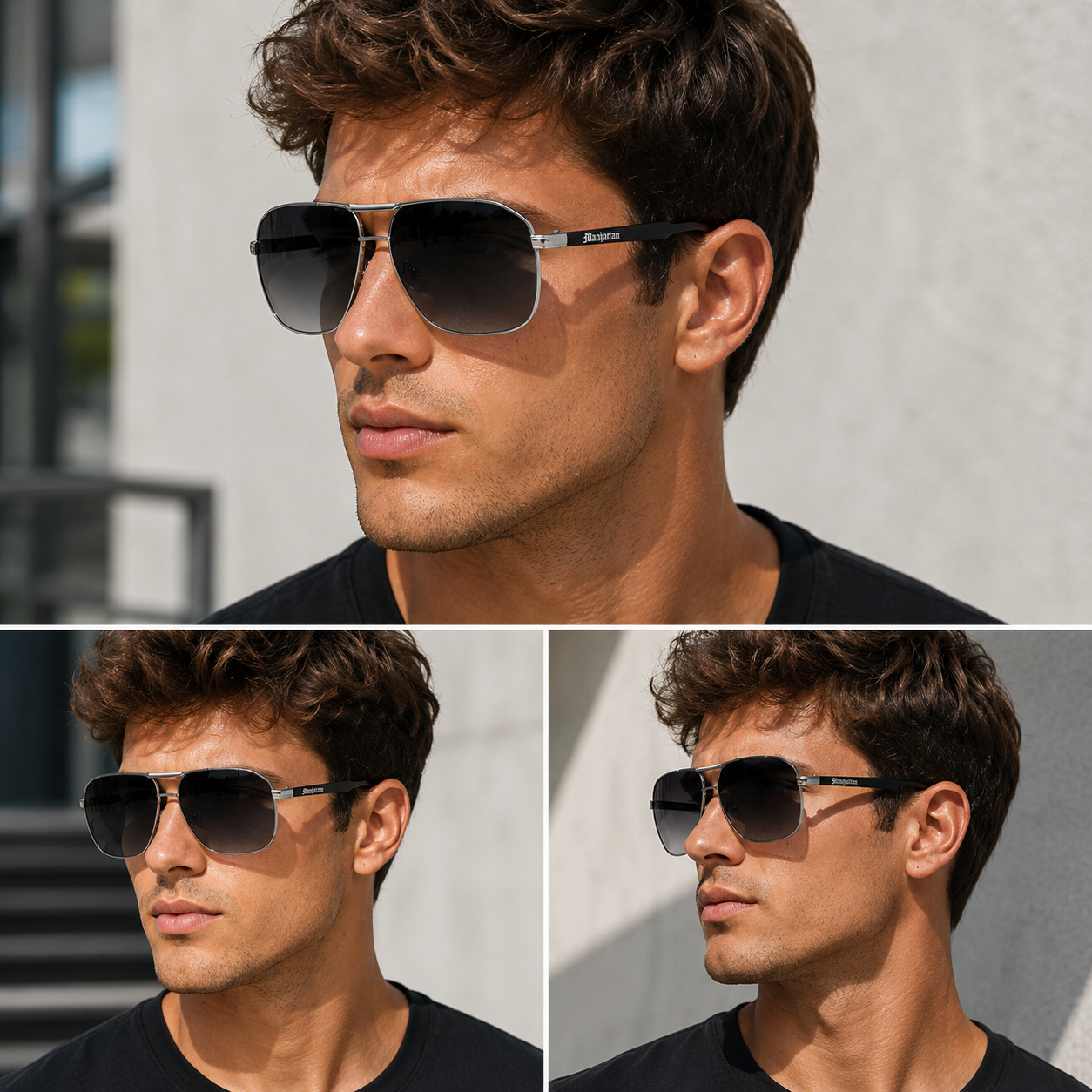 Men's Retro Metal Square Pilot Sunglasses Small Black Brown with Brow Bar