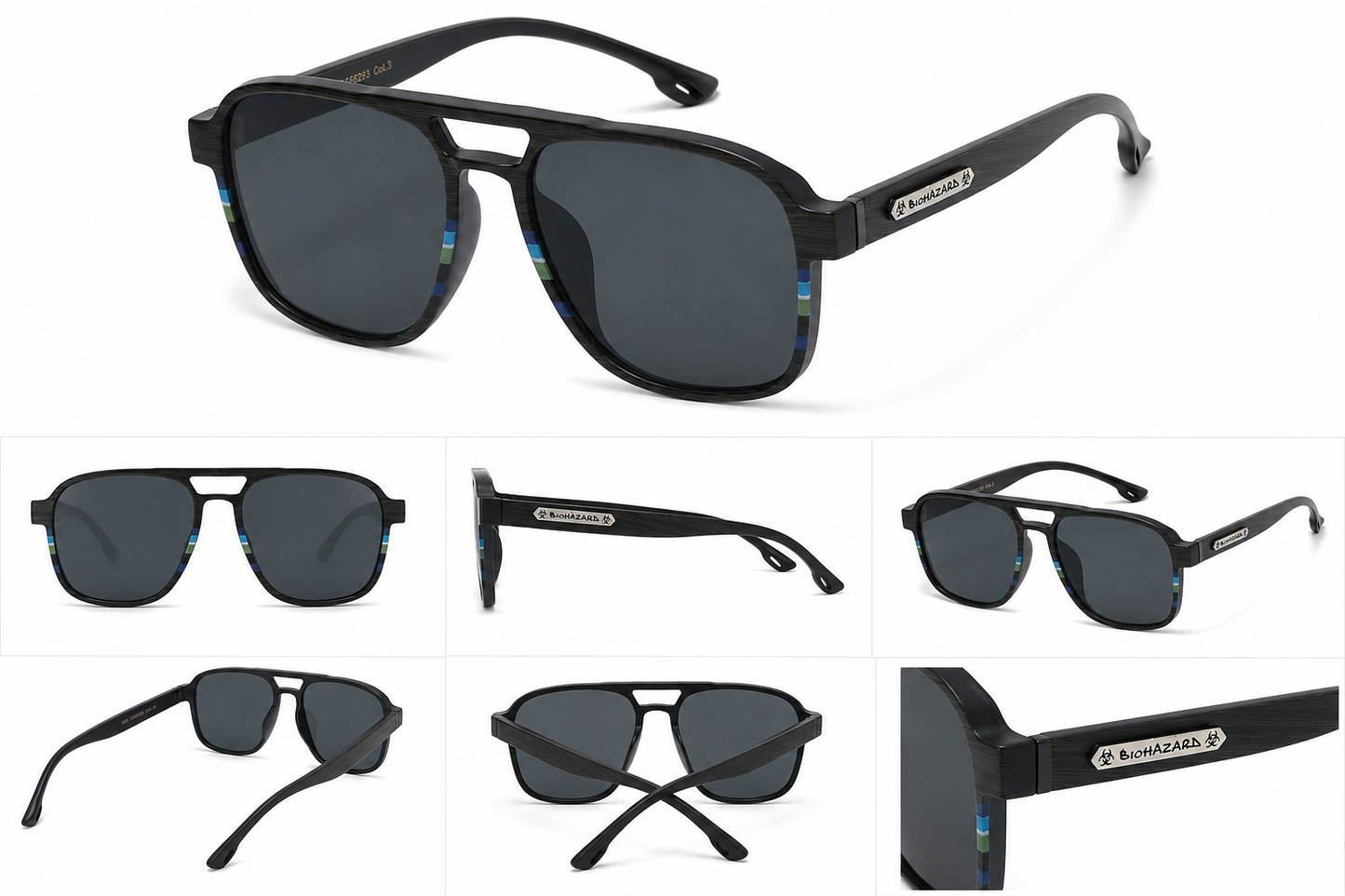 Biohazard Pilot UV400 Black Sunglasses – Lightweight Premium Unisex Shades Biohazard biohazard-pilot-uv400-black-sunglasses-premium-lightweight-eyewear-angles {{ color }}