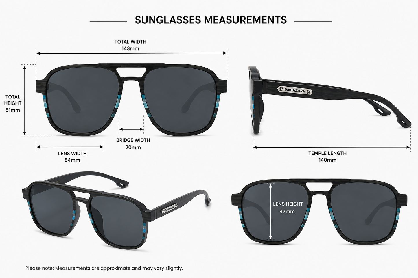 Biohazard Pilot UV400 Black Sunglasses – Lightweight Premium Unisex Shades Biohazard biohazard-pilot-uv400-black-sunglasses-premium-lightweight-eyewear-measurements_2 {{ color }}