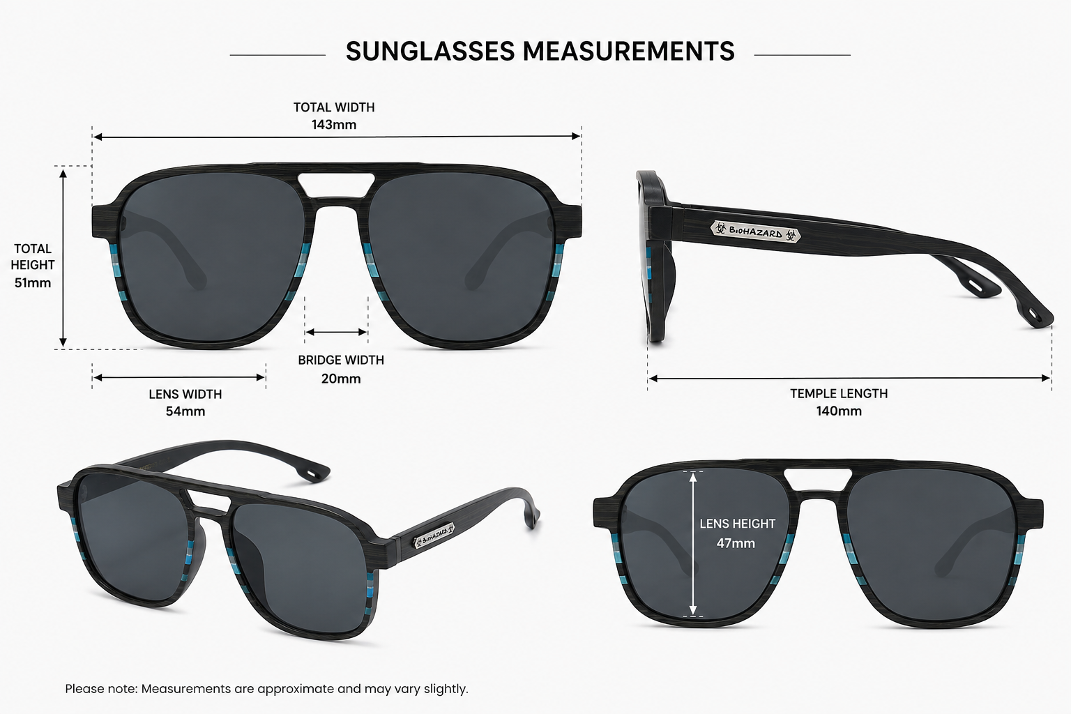 Biohazard Pilot UV400 Black Sunglasses – Lightweight Premium Unisex Shades Biohazard biohazard-pilot-uv400-black-sunglasses-premium-lightweight-eyewear-measurements_2 {{ color }}
