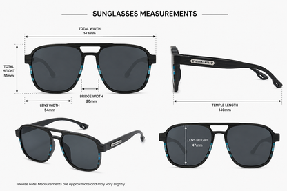 Biohazard Pilot UV400 Black Sunglasses – Lightweight Premium Unisex Shades Biohazard biohazard-pilot-uv400-black-sunglasses-premium-lightweight-eyewear-measurements_2 {{ color }}