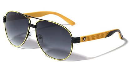 Retro Pilot Sunglasses Designer Khan for Men Black Yellow Gradient Smoke Lens Khan kn-m3935-metal-tire-marks-temple-pattern-aviators-sunglasses-06