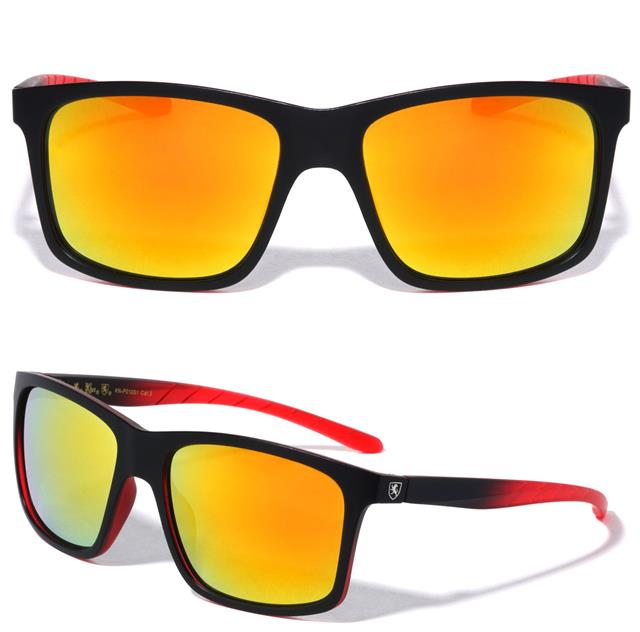 Mens High Quality Flat Top Classic Retro Sunglasses with Super Dark Lens Matt Black Red Orange Mirror Khan kn-p01051-khan-sports-wayfarer-sunglasses---black-_-red-orange-mirror
