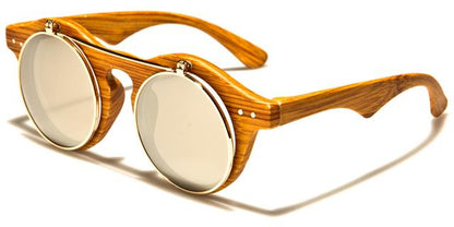 Steampunk Flip Up Retro Round Vintage Sunglasses Wood look/Silver/Silver Mirror Unbranded p30198-wd-flipa