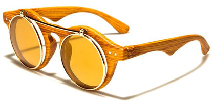 Steampunk Flip Up Retro Round Vintage Sunglasses Wood look Silver Brown Mirror Unbranded p30198-wd-flipc