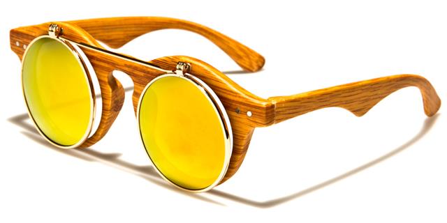 Steampunk Flip Up Retro Round Vintage Sunglasses Wood look/Silver/Orange Mirror Unbranded p30198-wd-flipe
