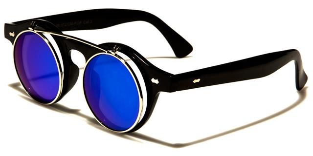Steampunk Flip Up Retro Round Vintage Sunglasses Black/Silver/Blue Mirror Lens Unbranded w-312-cm-flipc