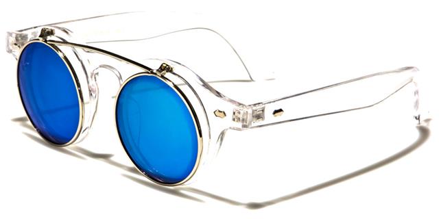 Steampunk Flip Up Retro Round Vintage Sunglasses Clear/Silver/Blue Mirror Lens Unbranded w-312-cm-flipe