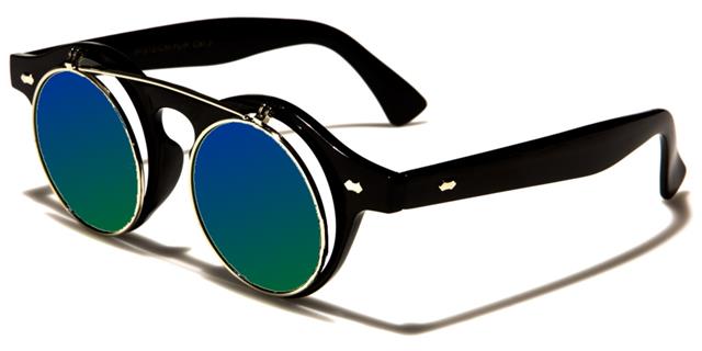 Steampunk Flip Up Retro Round Vintage Sunglasses Black/Silver/Blue & Green Mirror Lens Unbranded w-312-cm-flipi1
