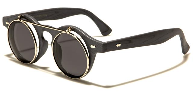 Steampunk Flip Up Retro Round Vintage Sunglasses Grey Wood Silver Smoke Lens Unbranded w-312-flip-wda