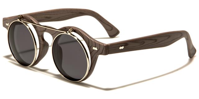 Steampunk Flip Up Retro Round Vintage Sunglasses Medium Wood Silver Smoke Lens Unbranded w-312-flip-wdc