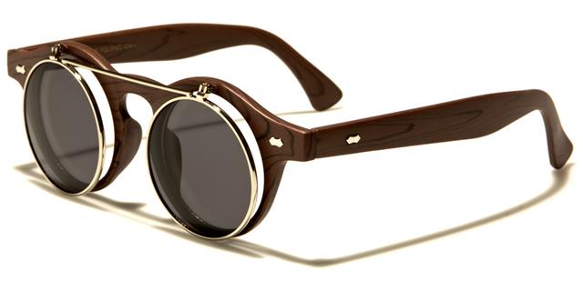 Steampunk Flip Up Retro Round Vintage Sunglasses Dark Wood Silver Smoke Lens Unbranded w-312-flip-wde