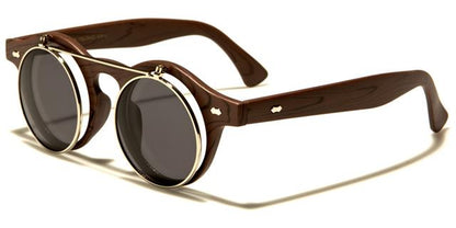 Steampunk Flip Up Retro Round Vintage Sunglasses Dark Wood Silver Smoke Lens Unbranded w-312-flip-wde