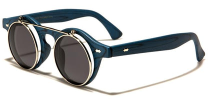 Steampunk Flip Up Retro Round Vintage Sunglasses Blue Wood Silver Smoke Lens Unbranded w-312-flip-wdg