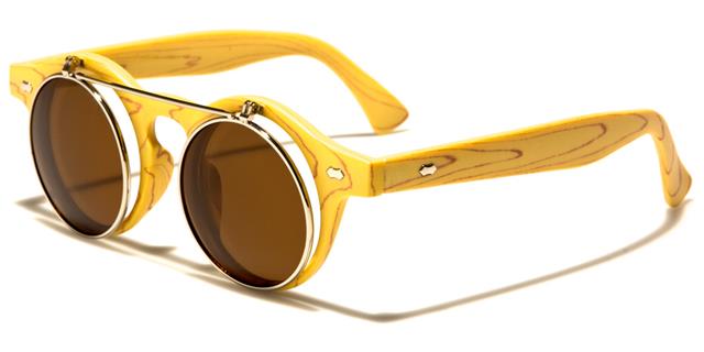 Steampunk Flip Up Retro Round Vintage Sunglasses Light Wood Silver Smoke Lens Unbranded w-312-flip-wdi