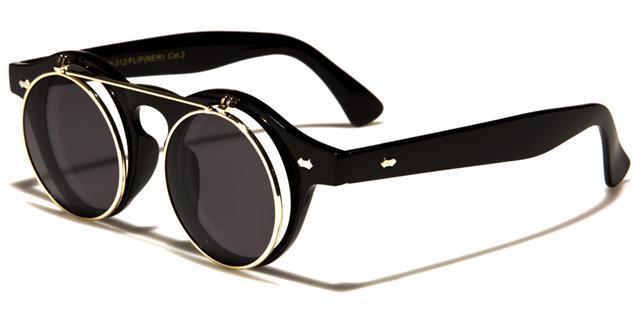 Steampunk Flip Up Retro Round Vintage Sunglasses Black Gold Smoke Lens Unbranded w-312-flipc