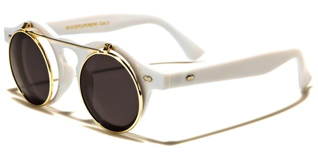 Steampunk Flip Up Retro Round Vintage Sunglasses White Gold Smoke Lens Unbranded w-312-flipi