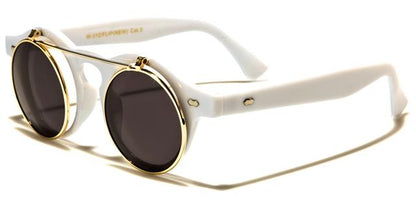 Steampunk Flip Up Retro Round Vintage Sunglasses White/Gold/Smoke Lens Unbranded w-312-flipi