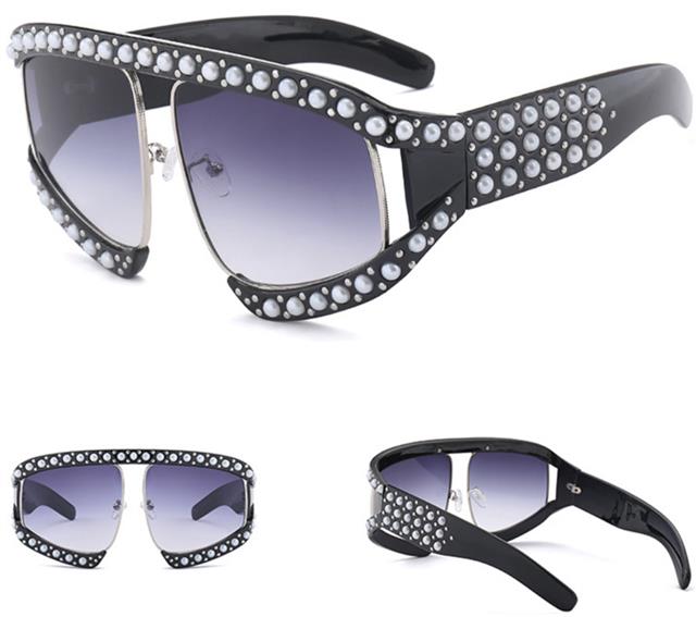 Designer Oversized Pearl Wrap Sunglasses for Women Unbranded 3 Black Silver Light Smoke Lens