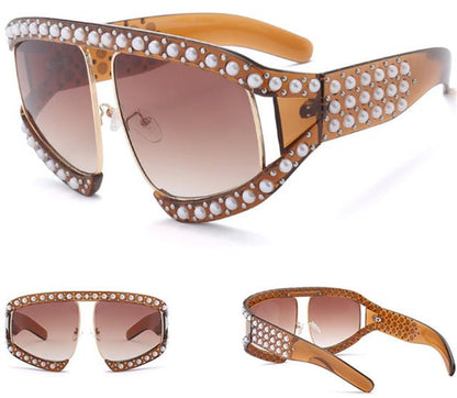 Designer Oversized Pearl Wrap Sunglasses for Women Brown Gold Brown Lens Unbranded 5