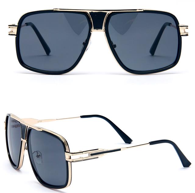 Mens Designer Flat Top Pilot Sunglasses Luxury Large Big Turbo Retro UV400 Gents Black/Gold/Smoke Lens