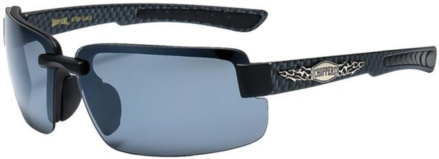 Biker Semi-Rimless Choppers Sports Sunglasses for Men Matt Black Carbon Print Arms Smoke lens Choppers 8CP6726-2
