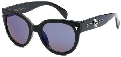 Gothic Skull Logo Round Cat Eye Sunglasses for Women Black Blue Mirror Lens Black Society 8bsc52066